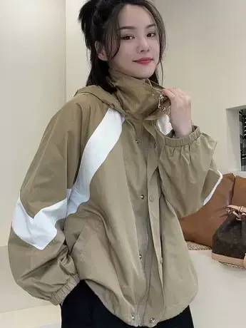 撞色拼接冲锋衣短外套2023秋季新款小个子薄款抽绳休闲运动夹克潮商品大图