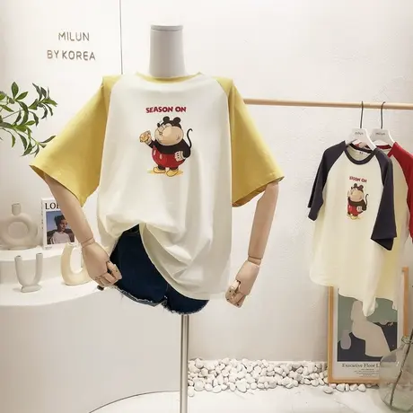 学院风港味休闲上衣夏季ins复古原宿风搞怪插肩袖短袖T恤宽松显瘦图片