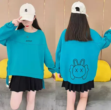 宽松刺绣卫衣高腰百褶裙两件套春秋休闲韩版洋气抽绳上衣短裙套装图片