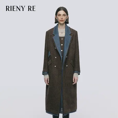 RIENYRE外套女2023秋冬高级感新款复古风格纹超长款牛仔拼接大衣图片