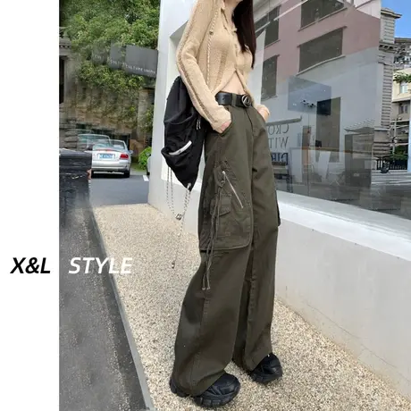 军绿色休闲阔腿工装裤女秋季2023新款设计感口袋抽绳百搭直筒裤子图片