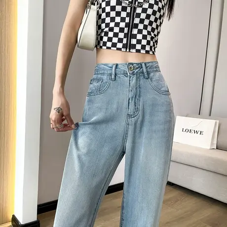 天丝阔腿软牛仔裤女2023春夏薄款高腰垂感宽松显瘦浅蓝窄版直筒裤图片