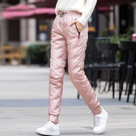 女式轻薄羽绒裤女外穿棉裤女时尚款高腰冬季粉色裤子加绒加厚鸭绒图片