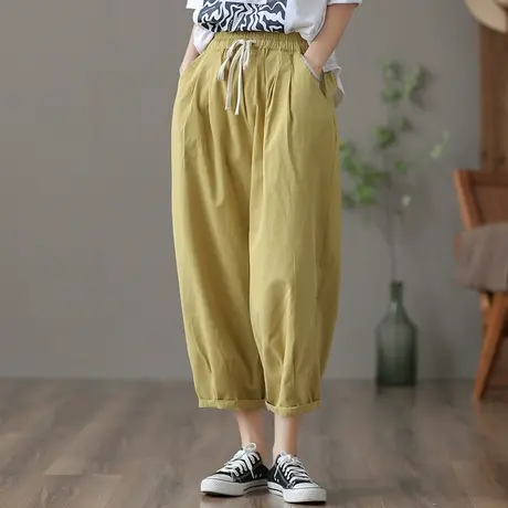 dza 高腰显瘦薄款宽松阔腿裤子女夏季2022新款直筒系绳九分休闲裤图片