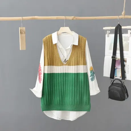 韩版撞色中长款V领套头针织马夹女2023年新款拼色百搭马甲坎肩潮图片