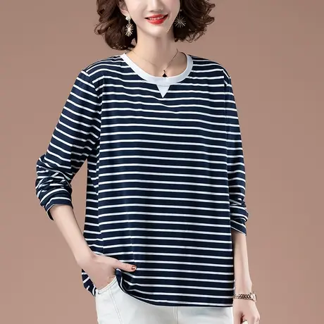 长袖t恤女春秋加肥加大码女装宽松全棉百搭减龄显瘦条纹打底衫女图片