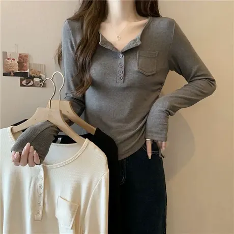 修身半开领抽绳长袖针织打底衫女春秋内搭设计感小众别致短款上衣商品大图
