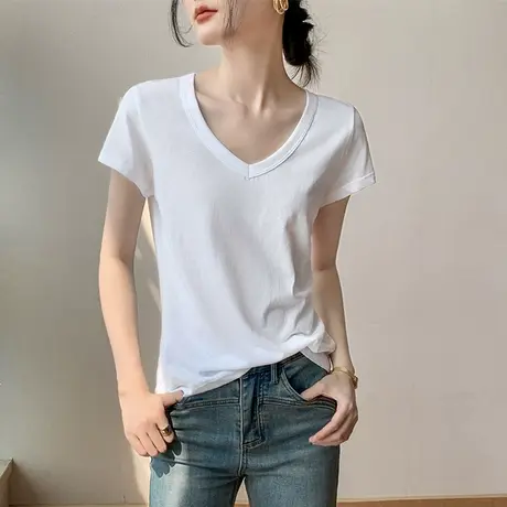 V领短袖T恤女2023夏季新款宽松休闲显瘦纯色薄款透气正肩半袖上衣图片