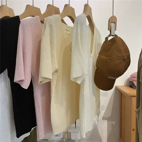 u领坑条羊毛针织衫女2023春秋季新款韩系简约显瘦休闲百搭上衣潮商品大图