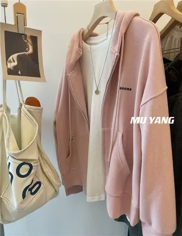 bi入主推！品质刚刚 刺绣字母连帽慵懒风宽松卫衣女春秋薄款外套商品大图