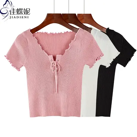 夏季新款修身显瘦短款纯色绑带荷叶边短袖体恤上衣内搭打底针织衫商品大图
