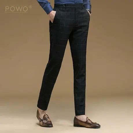 POWO男士西裤宽松直筒长裤韩版潮流春秋款免烫暗纹格子休闲西裤男商品大图