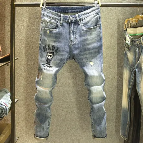 秋冬季潮牌破洞痞帅裤子男韩版修身小脚裤复古烫钻印花牛仔裤男款商品大图