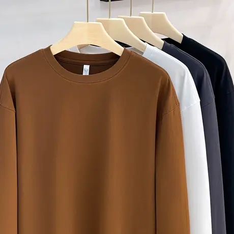 下摆磨破白色长袖t恤男重磅圆领上衣个性内搭打底衫卫衣男春秋款图片