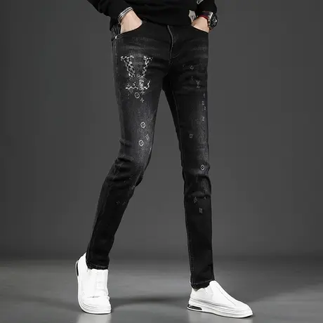 高级牛仔裤男秋冬季2022新款时尚烫钻黑色修身小脚男士个性裤子男商品大图