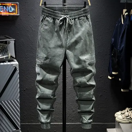 秋季复古休闲拼接工装裤男潮牌束脚弹力大码宽松胖子裤子男春秋款商品大图