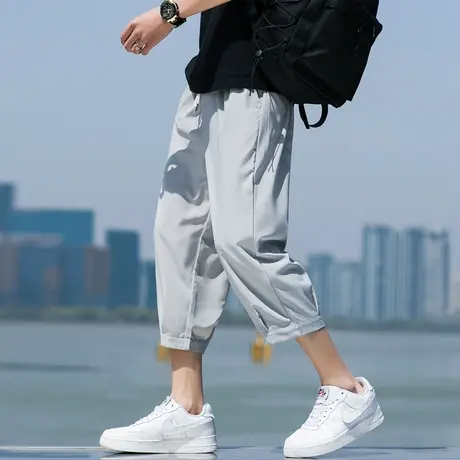裤子男夏季薄款中裤韩版宽松工装七分裤男士运动裤冰丝休闲短裤男商品大图