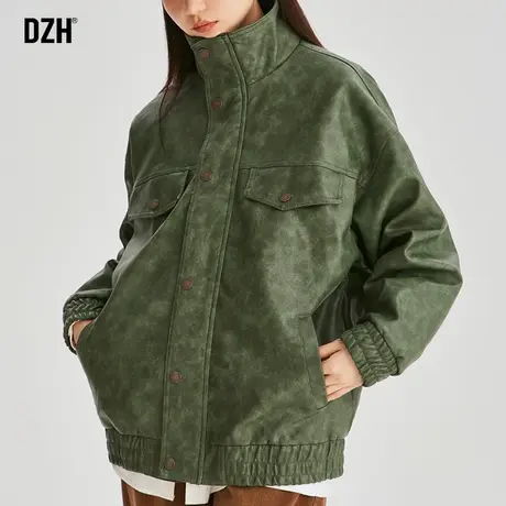 男士绿色PU皮衣外套男秋季潮高级感2024新款美式夹克情侣装机车服商品大图