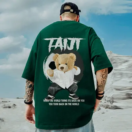 2025重磅潮牌宽松T恤美式小熊短袖五分半袖纯棉国潮大码男装夏季商品大图