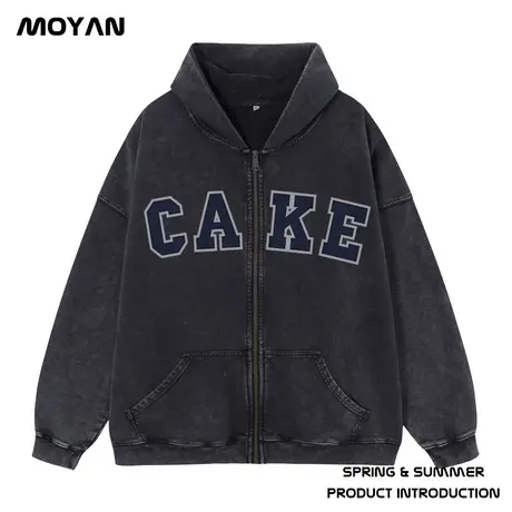 美式复古嘻哈大码卫衣男装纯棉重磅做旧高街拉链外套加绒早春秋款商品大图