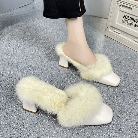 小香风包头半拖鞋女2023年新款秋冬时尚粗跟毛毛高跟鞋气质穆勒鞋图片