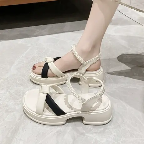 2023年新款夏季厚底凉鞋女一字扣带真皮休闲百搭松糕沙滩配裙凉鞋商品大图