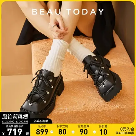 BeauToday单鞋2024新款厚底单鞋方头粗跟BT学院风系带休闲小皮鞋商品大图