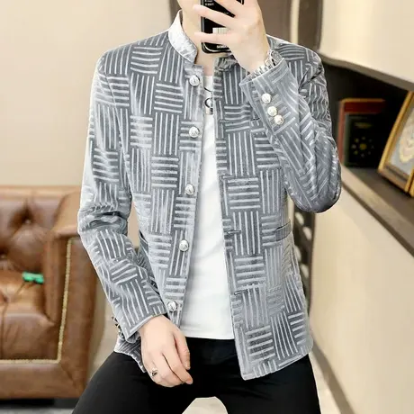 外套男士春秋季立领夹克潮流韩版休闲中山装青年帅气高端格子西服图片