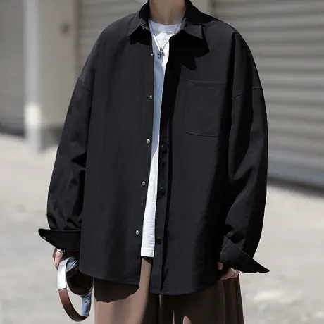 黑衬衫男生夏季薄款日系纯色长袖衬衣高级感短袖潮流痞帅外套春秋商品大图