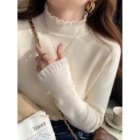 半高领毛衣打底衫女秋冬季针织加绒加厚内搭蕾丝上衣高端气质感图片