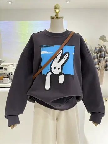 卡通减龄兔子简约百搭可爱加绒加厚保暖韩版圆领套头卫衣女外穿商品大图