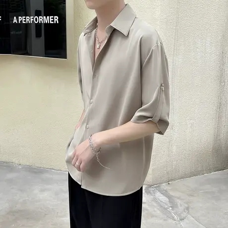 男纯色薄款短袖衬衫网红潮牌半截袖五分袖发型师ins痞帅个性衬衣商品大图