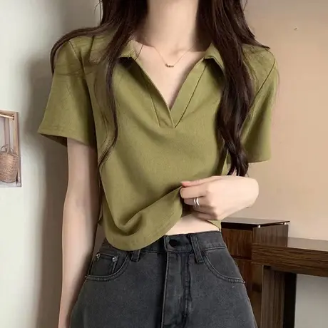 法式温柔风螺纹短袖女2024夏季小个子polo领减龄收腰正肩短上衣潮商品大图