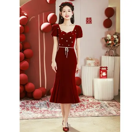 鱼尾敬酒服2023新款新娘高级感修身红色礼服女夏季订婚连衣裙高端商品大图