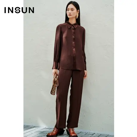 INSUN恩裳春季咖啡色哑光缎面拼接衬衫商品大图