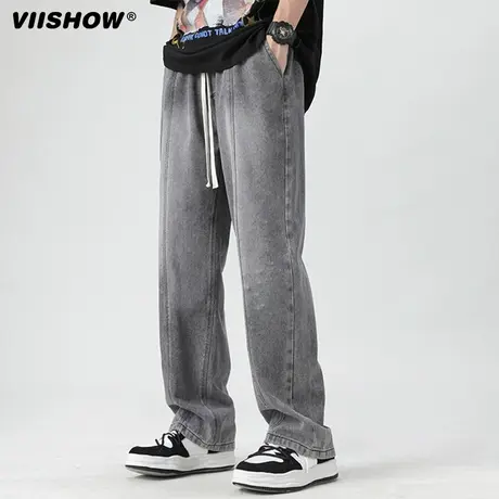 VIISHOW美式抽绳松紧腰牛仔裤男春秋季oversize高街宽松阔腿裤商品大图