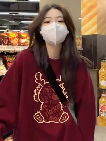 美式卡通外套冬加绒oversize大码龙年闺蜜装卫衣ins洋气减龄上衣商品大图