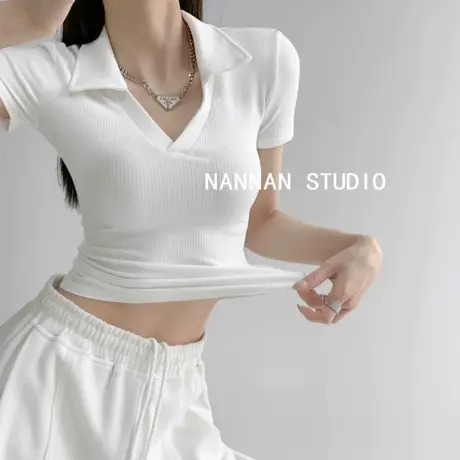 春秋季博主辣妹修身V领显瘦polo衫女复古性感长袖打底针织T恤上衣商品大图