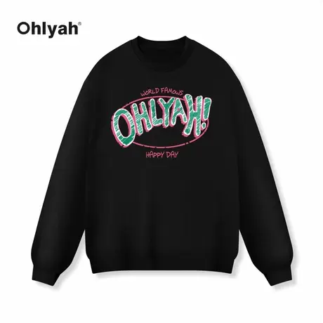 Ohlyah粉色涂鸦字母印花圆领情侣大码卫衣复古国潮春秋长袖男女款商品大图