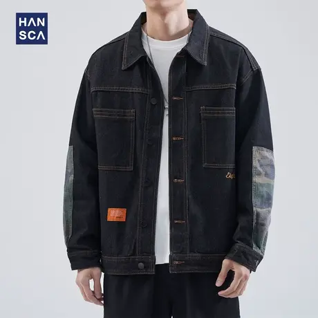 hansca春秋黑色牛仔外套男新款大码宽松美式复古拼接痞帅工装夹克商品大图