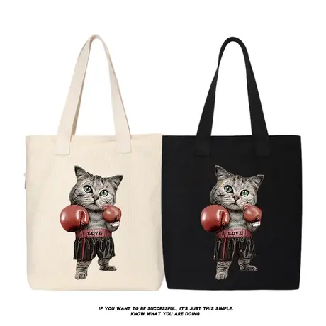 秀洛打拳击的猫单肩斜挎帆布包托特包女大容量书包购物包袋手提包商品大图