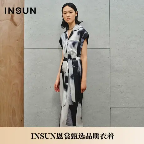 INSUN恩裳夏季弹力真丝撞色衬衫连衣裙图片