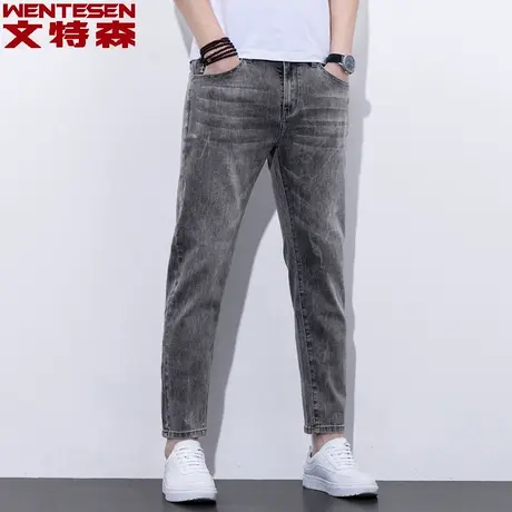 经典港风直筒弹力牛仔裤男休闲时尚修身显高中腰九分裤图片