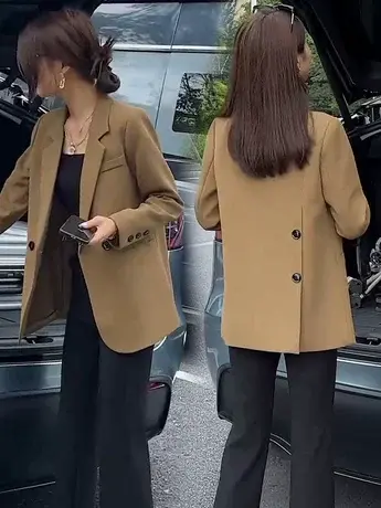 咖色高级感小西装外套女2024春秋新款小个子休闲西服简约职业装潮图片