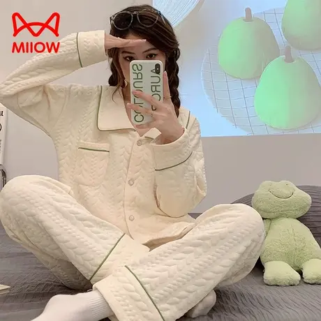 猫人睡衣女士纯棉长袖2023新款秋冬季加绒加厚纯色保暖家居服套装图片