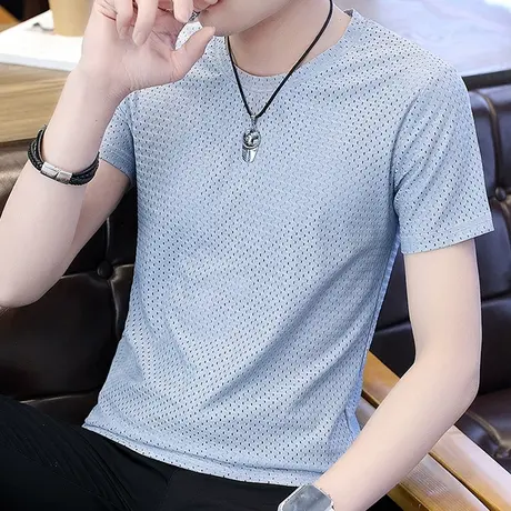 网眼镂空上衣服夏季潮流半袖冰感休闲圆领男款透气冰丝短袖t恤男商品大图