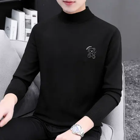 小熊毛衣男半高领内搭打底衫秋冬季保暖针织衫毛衫潮流黑色毛线衣图片