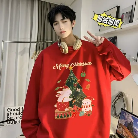 加绒加厚圆领卫衣男秋冬季宽松内搭新年情侣圣诞卡通上衣潮流ins图片