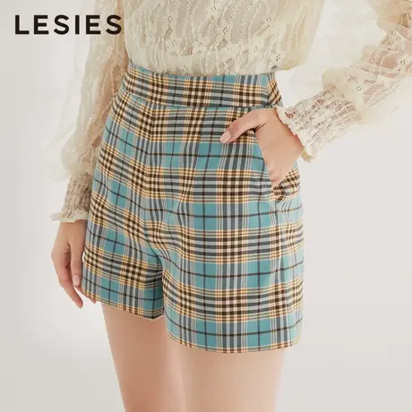 蓝色倾情春夏新款女装 蓝色格子OL风简约百搭高腰短裤女西装裤子商品大图