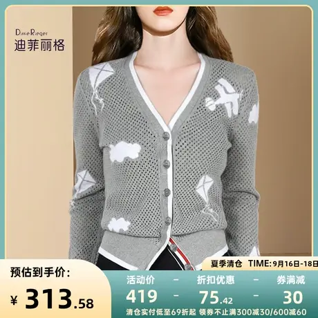 迪菲丽格减龄撞色提花针织开衫早秋2023年新款女镂空薄款修身上衣图片